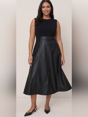 Ann Taylor Black Sleeveless Faux Leather Flare Midi Dress – Size 12 – NWT